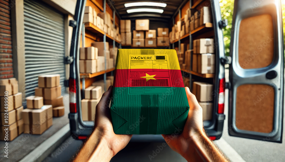 Fototapeta premium Hands holding a package wrapped in the Cameroon flag design, ready for delivery. Symbolizing shipping and logistics services, with a van full of packages in the background
