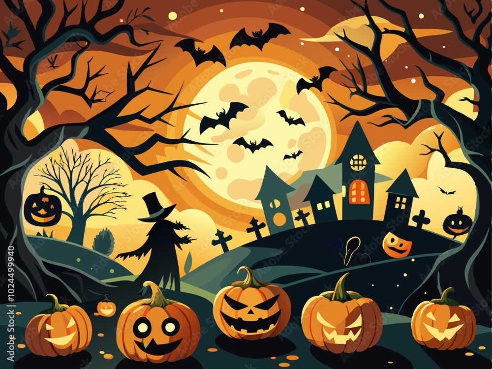 Halloween background with pumpkins, ghosts, bats and haunted house. Halloween background with pumpkins, ghosts, bats and haunted house.