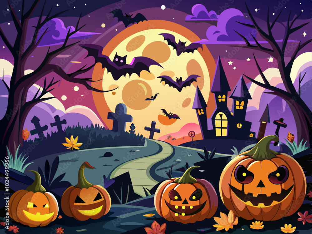 Halloween background with pumpkins, ghosts, bats and haunted house.