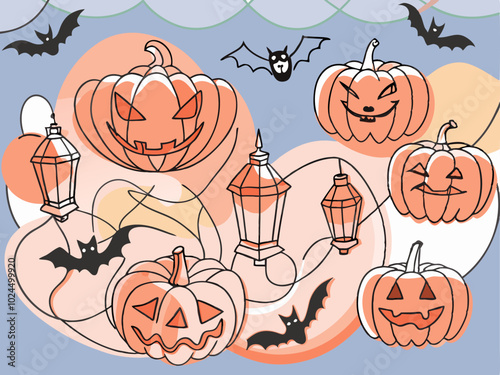 Halloween background with pumpkins, ghosts, bats and haunted house.