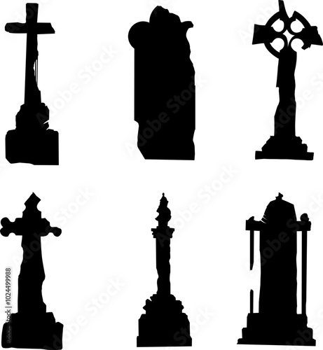A collection of six distinct silhouettes of broken gravestones and memorials, featuring various designs including crosses and ornate structures, symbolizing remembrance and history.