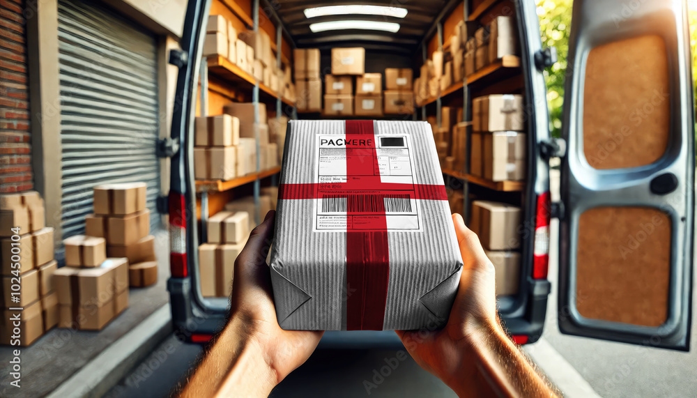 Obraz premium Hands holding a package wrapped in the England flag design, ready for delivery. Symbolizing shipping and logistics services, with a van full of packages in the background