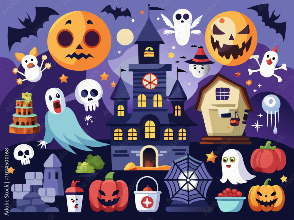 Halloween background with pumpkins, ghosts, bats and haunted house.