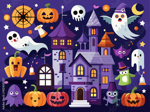 Halloween background with pumpkins, ghosts, bats and haunted house.