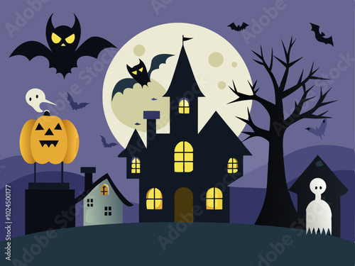 Halloween background with pumpkins, ghosts, bats and haunted house.