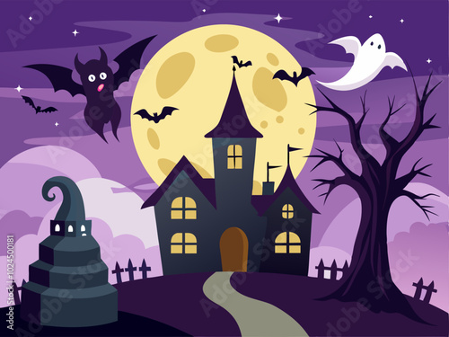 Halloween background with pumpkins, ghosts, bats and haunted house.