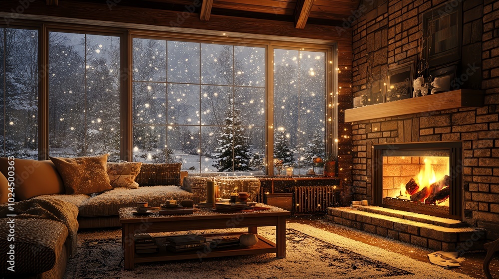 Cozy living room with a fireplace and large windows overlooking a snowy winter scene. Cozy living room with a fireplace and large windows overlooking a snowy winter scene.