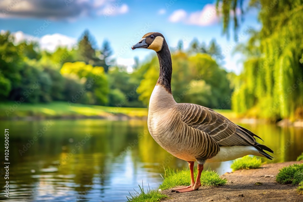 Macro shot of large geese on the river bank in natural colors