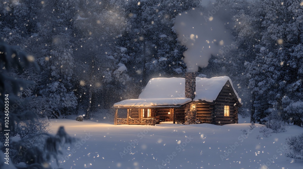 A cozy log cabin in the woods covered in snow, with smoke rising from the chimney. A cozy log cabin in the woods covered in snow, with smoke rising from the chimney.