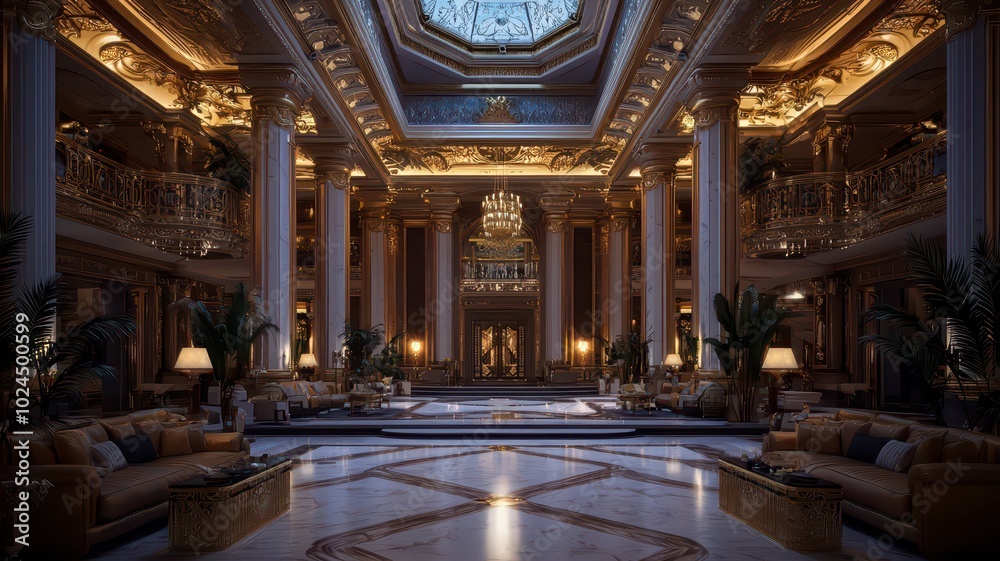 Obraz premium A high-ceilinged grand hall showcases elaborate decor with gilded walls and towering marble columns, creating an opulent and majestic atmosphere.