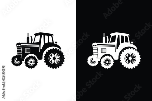 Farm Life in Black And White Tractor Silhouette Vector Icon.