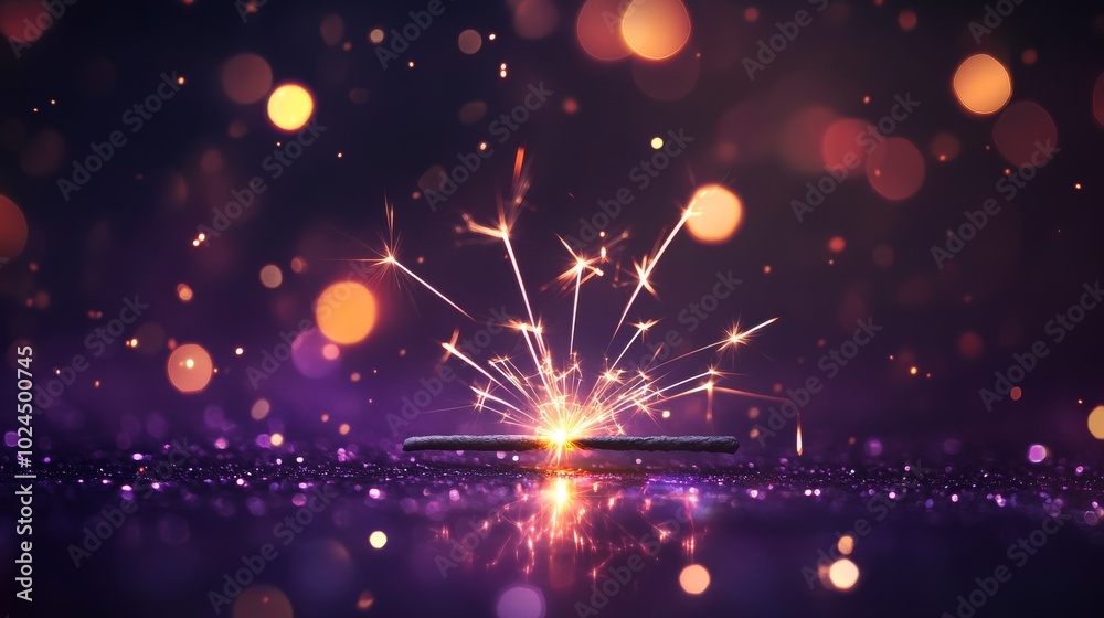 Fototapeta premium 3D illustration of a sparkler firework on a dark purple background