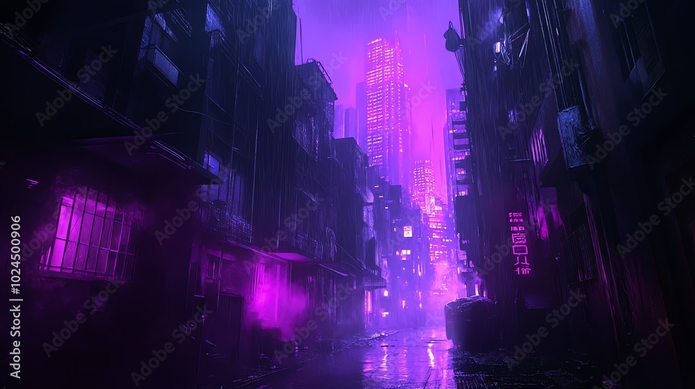 Fototapeta premium A narrow, rain-soaked alleyway in a futuristic city bathed in purple neon light.