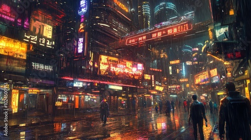A futuristic city street at night, illuminated by neon lights and rain reflecting on the wet pavement.
