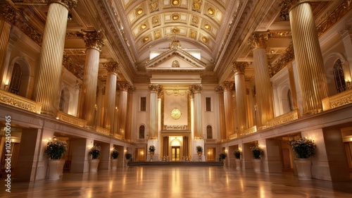 A high-ceilinged grand hall showcases elaborate decor with gilded walls and towering marble columns, creating an opulent and majestic atmosphere.