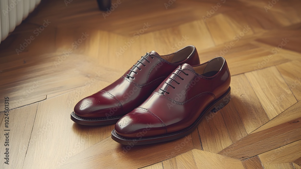 A pair of classic leather Oxfords in deep burgundy, sitting on a polished wooden floor A pair of classic leather Oxfords in deep burgundy, sitting on a polished wooden floor