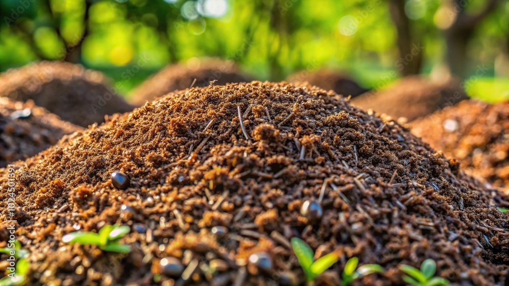 Macro shot of numerous anthills in the garden, ant plague