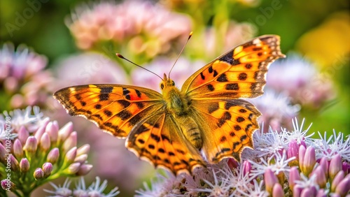 macro shot of Polygonia c album butterfly feeding on flowers