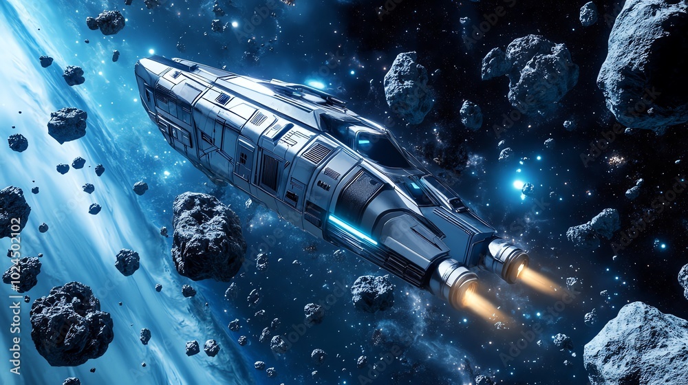 A futuristic spaceship navigates a field of asteroids. A futuristic spaceship navigates a field of asteroids.
