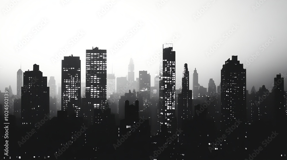 Naklejka premium A black and white skyline of a city at dusk with tall buildings.