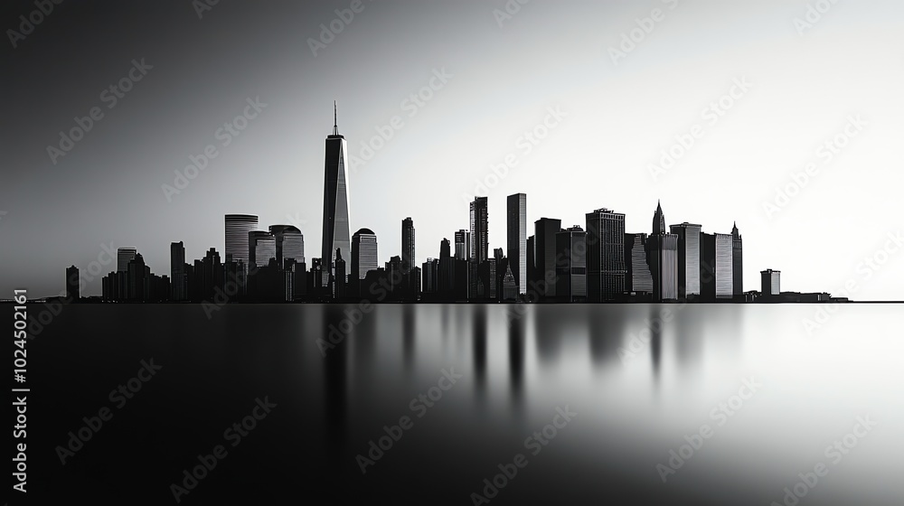 Obraz premium A black and white silhouette of the New York City skyline reflected in the water.