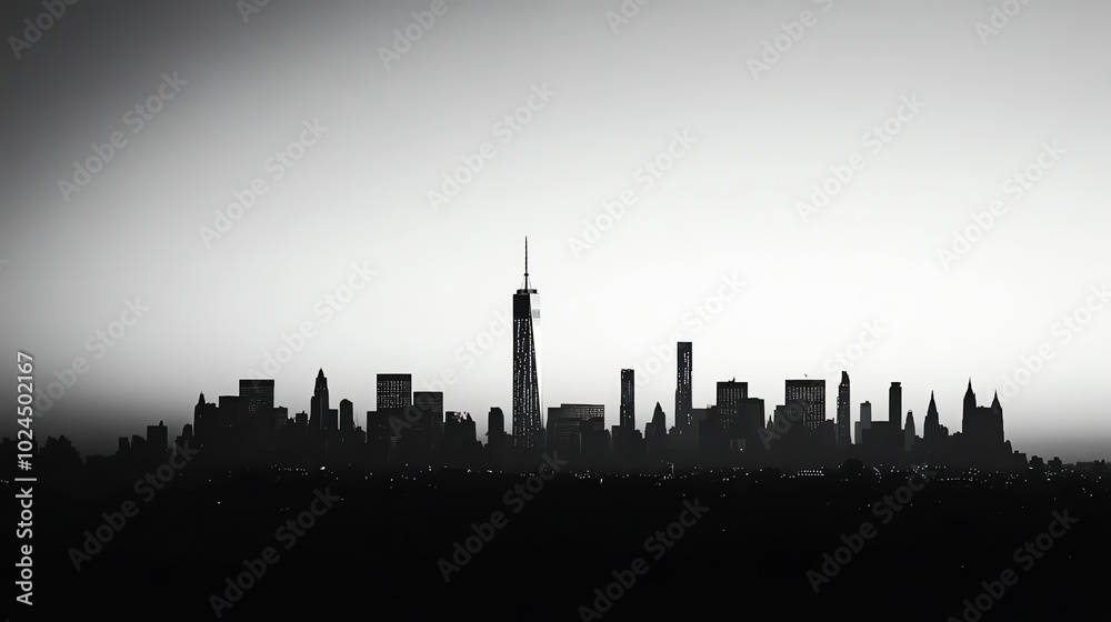 A black and white silhouette of the New York City skyline. A black and white silhouette of the New York City skyline.