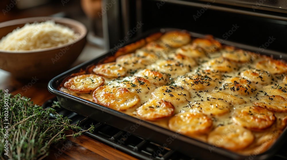 Oven a tray of goldenbrown cheese and herb crackers and a bowl of grated Parmesan and fresh thyme on the counter Oven a tray of goldenbrown cheese and herb crackers and a bowl of grated Parmesan and fresh thyme on the counter