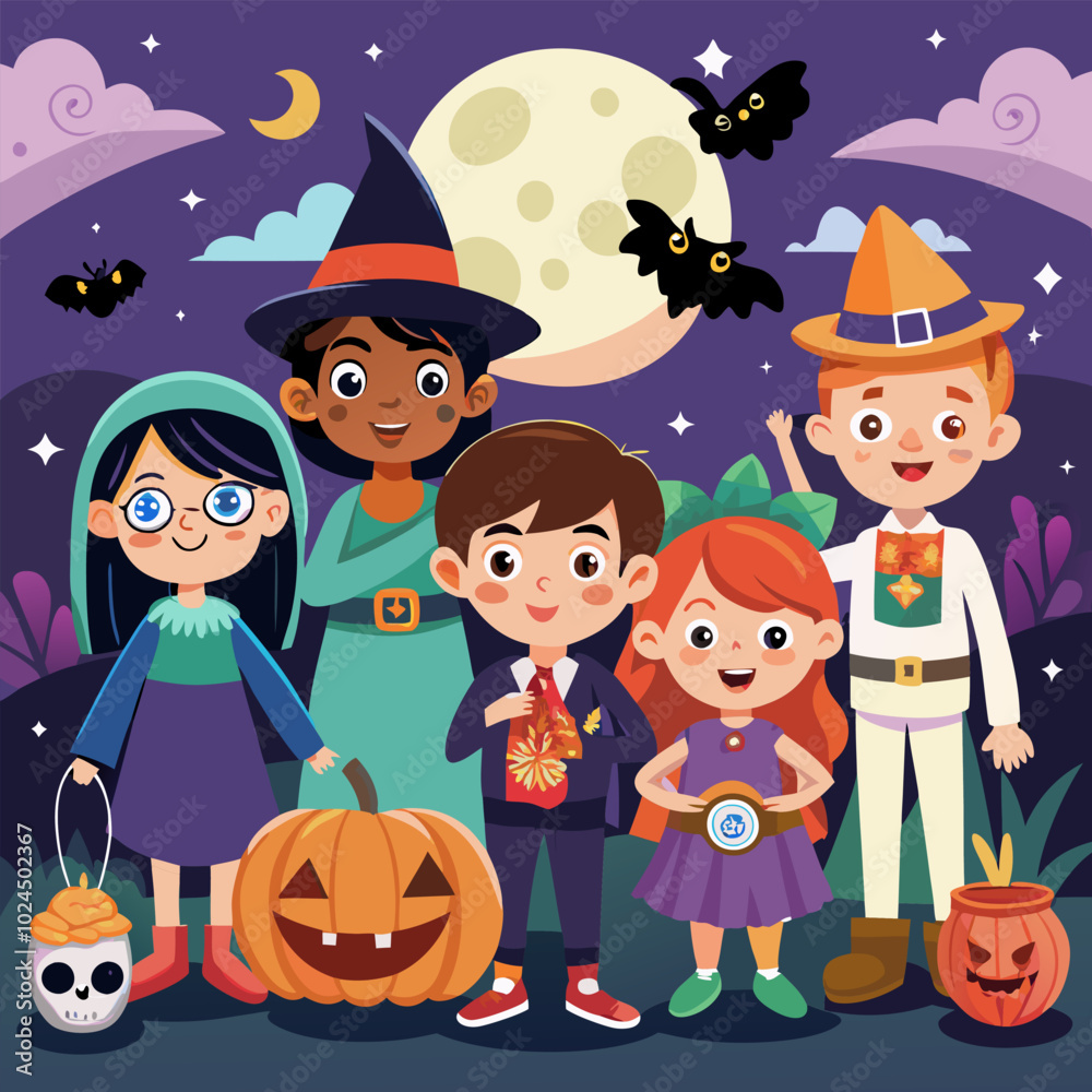 Adorable Halloween illustration featuring five cute kids dressed up in fun costumes. Perfect for creating spooky and festive designs, cards, or decorations for your Halloween celebrations. Adorable Halloween illustration featuring five cute kids dressed up in fun costumes. Perfect for creating spooky and festive designs, cards, or decorations for your Halloween celebrations.