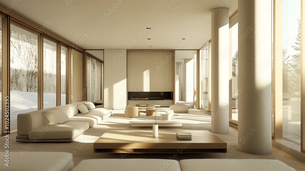 A spacious, modern living room with large windows, a fireplace, and sleek furniture. A spacious, modern living room with large windows, a fireplace, and sleek furniture.