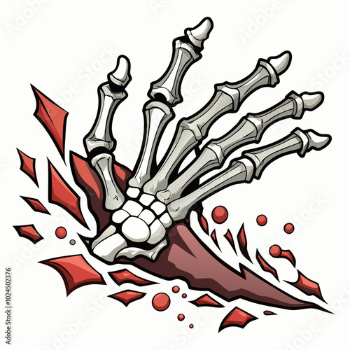 A skeletal hand breaks through torn flesh, its bony fingers reaching out from a bloody wound. A chilling and graphic image perfect for Halloween, horror, or gothic designs.