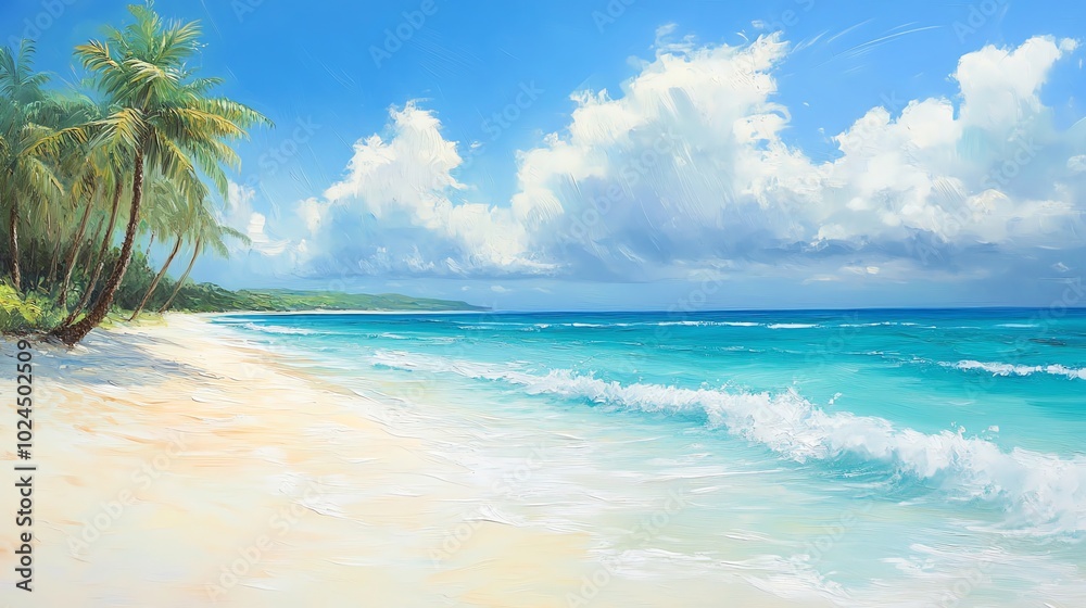 Idyllic beach scene with palm trees, white sand and turquoise water. Idyllic beach scene with palm trees, white sand and turquoise water.