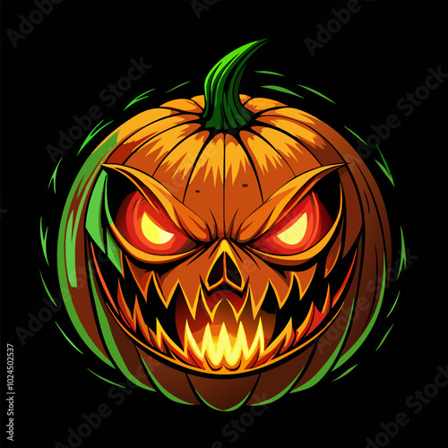 A menacing illustration of a jack-o'-lantern with glowing eyes and a sharp, toothy grin.  Perfect for Halloween decorations, spooky designs, or adding a touch of fright to your projects.