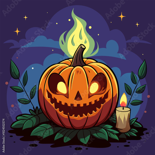 A spooky and festive illustration of a jack-o'-lantern with a wide grin, lit by a flickering candle, perfect for adding a touch of Halloween spirit to your designs.