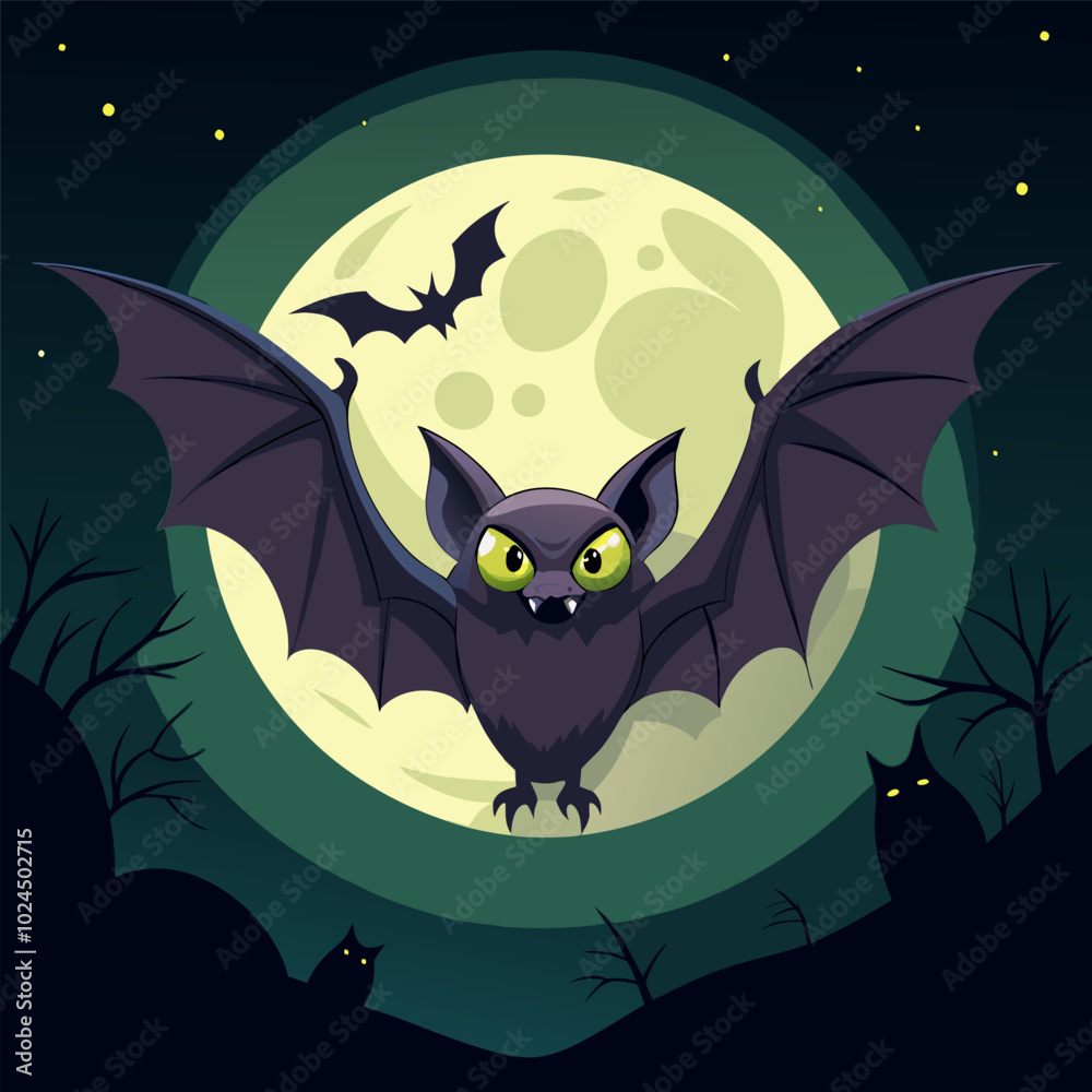 A spooky illustration of a cartoon bat flying in front of a full moon. Perfect for Halloween decorations, party invites, or spooky projects. A spooky illustration of a cartoon bat flying in front of a full moon. Perfect for Halloween decorations, party invites, or spooky projects.