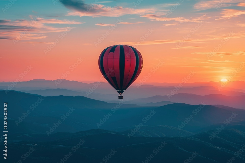 Fototapeta premium Hot Air Balloon Soaring Above a Mountain Range at Sunset