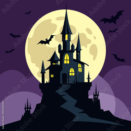 A spooky Halloween illustration featuring a haunted castle perched atop a hill, illuminated by a full moon. Perfect for adding a touch of eerie charm to your projects.