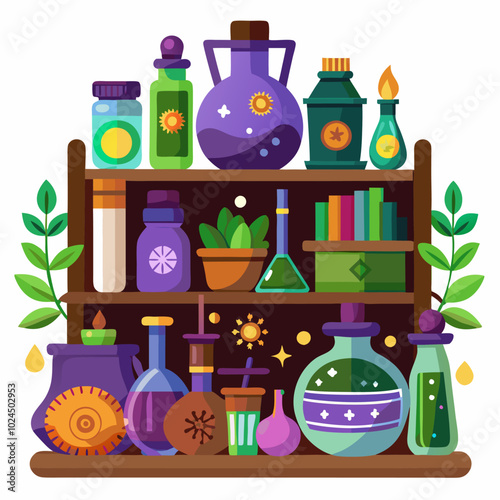 A whimsical illustration of a magical potion shelf filled with colorful bottles, jars, and other mystical ingredients. Perfect for fantasy-themed projects, or anything that needs a touch of magic.