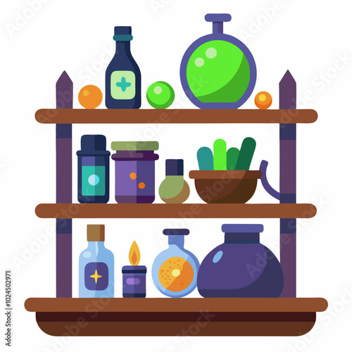 A whimsical illustration of a shelf filled with potions, plants, and other magical items.  Perfect for fantasy-themed projects, book covers, or any design that needs a touch of enchantment.