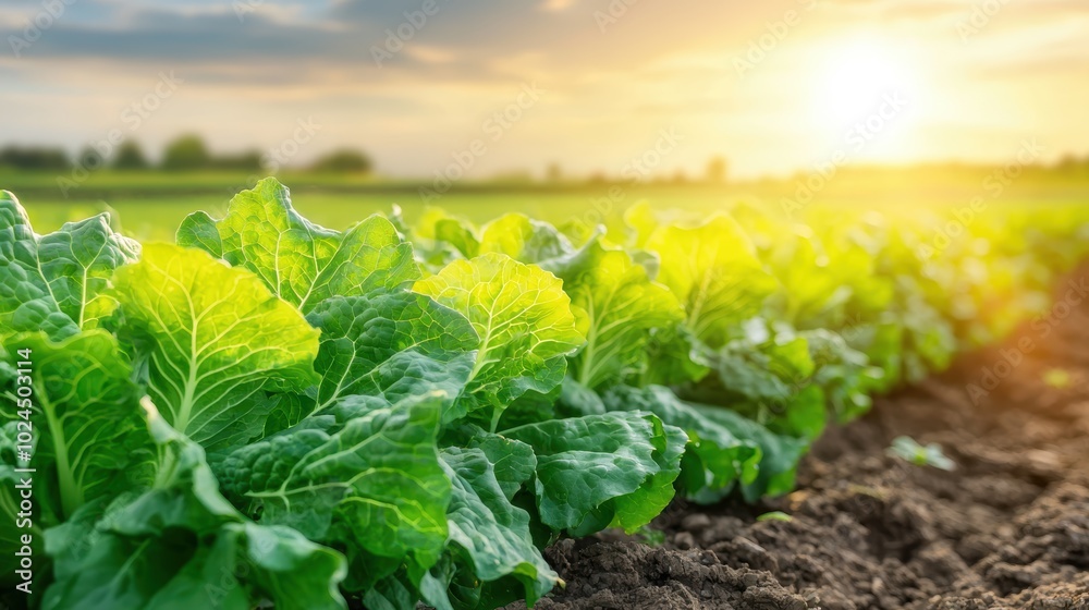 Fresh Lettuce Field Bathed in Sunlight - Farm to Table Vegetarian Concept Fresh Lettuce Field Bathed in Sunlight - Farm to Table Vegetarian Concept