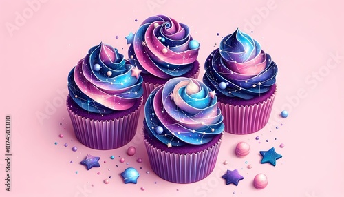 A vibrant collection of galaxy-themed cupcakes with swirled frosting in blue, purple, and pink, decorated with stars and planets. Perfect for space-themed parties, desserts, and whimsical celebrations