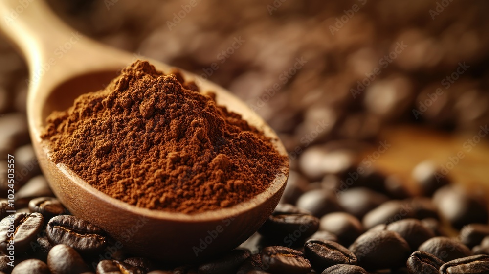 A wooden spoon filled with coffee powder, surrounded by coffee beans, suggesting brewing purpose. A wooden spoon filled with coffee powder, surrounded by coffee beans, suggesting brewing purpose.