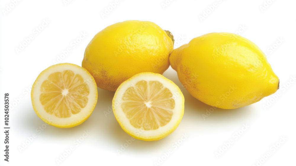 three lemons, two of which are whole and one that is sliced in half. three lemons, two of which are whole and one that is sliced in half.