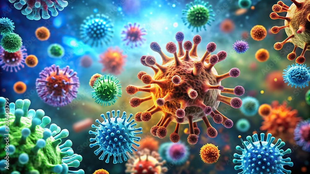 Macro shot of various microbes, virus cells, and bacteria on abstract background Macro shot of various microbes, virus cells, and bacteria on abstract background