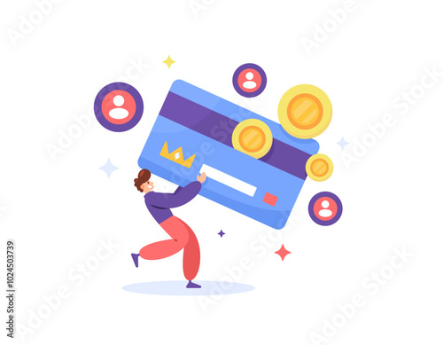 membership benefits concept. get rewards or bonuses from membership and loyalty programs. appreciation for VIP members. illustration of a customer holding a card that dispenses coins. flat style