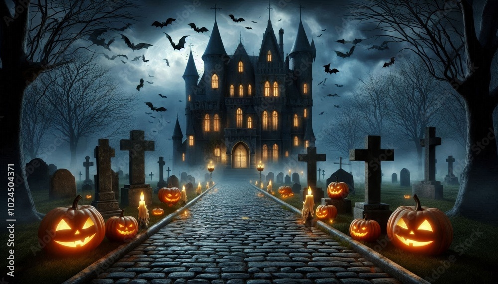 halloween scenery, gothic castle with lights in the windows, pumpkins, graves, bats, crosses, fog, forest halloween scenery, gothic castle with lights in the windows, pumpkins, graves, bats, crosses, fog, forest