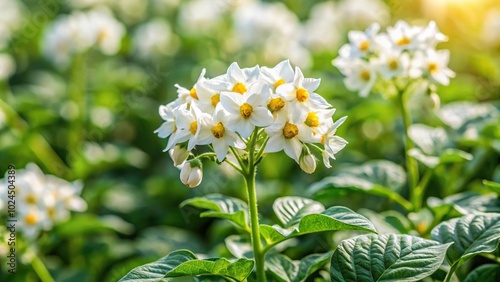 Macro shot of white flowers on a flowering bush of organic potatoes