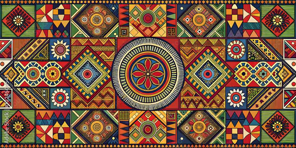 Vibrant Ethnic Pattern: A rich tapestry of geometric shapes and floral motifs in warm, earthy tones. Perfect for textile design, wallpaper, or any project needing a bold, cultural aesthetic. Vibrant Ethnic Pattern: A rich tapestry of geometric shapes and floral motifs in warm, earthy tones. Perfect for textile design, wallpaper, or any project needing a bold, cultural aesthetic.