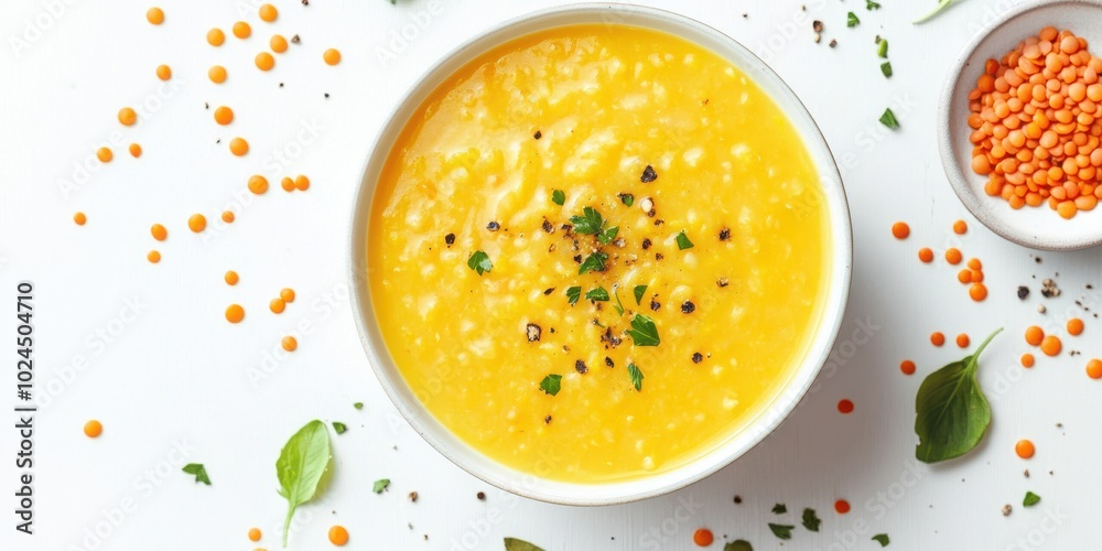Isolated yellow lentil soup on white, top view
