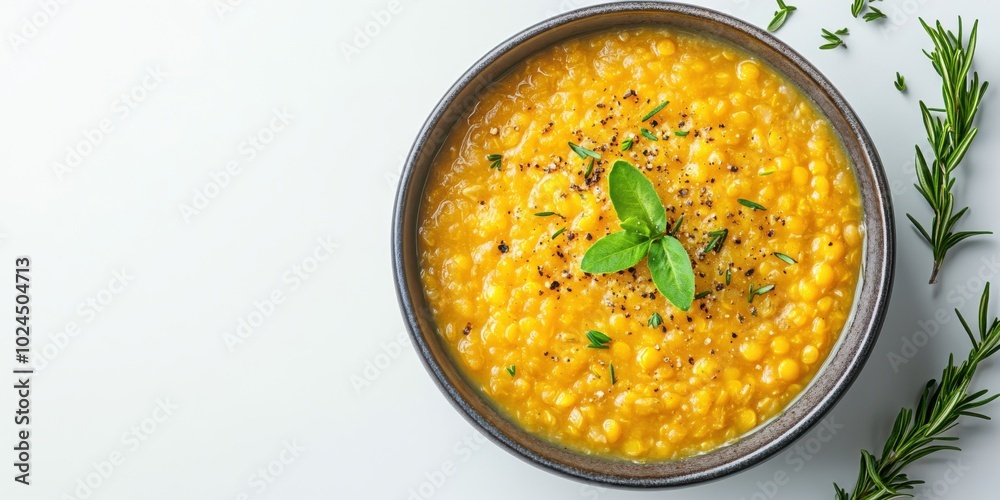 Isolated yellow lentil soup on white, top view Isolated yellow lentil soup on white, top view