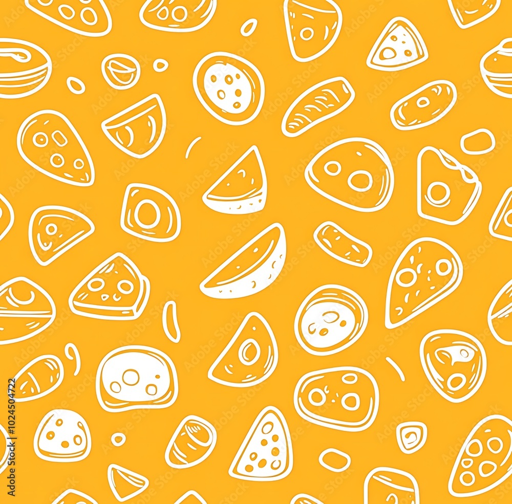 A seamless pattern of cheese icons in white on an orange background A seamless pattern of cheese icons in white on an orange background